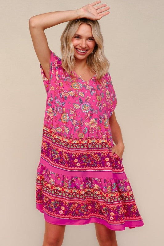 Haptics Fuchsia Floral Print V Neck Dolman Sleeve Dress