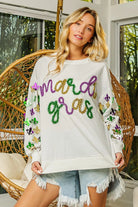 BiBi Off White Fleur De Lis Sleeve Mardi Gras Pullover