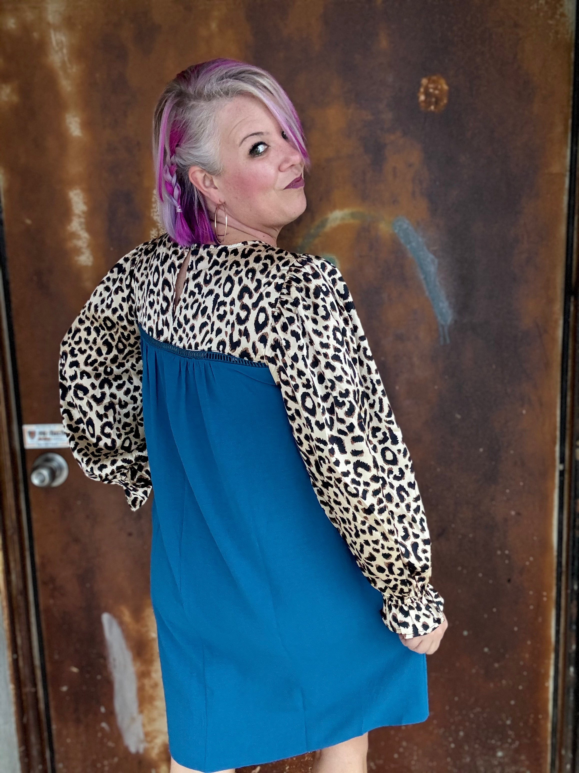 Jodifl Teal and Leopard Color Block Poet Sleeve Dress Dresses
