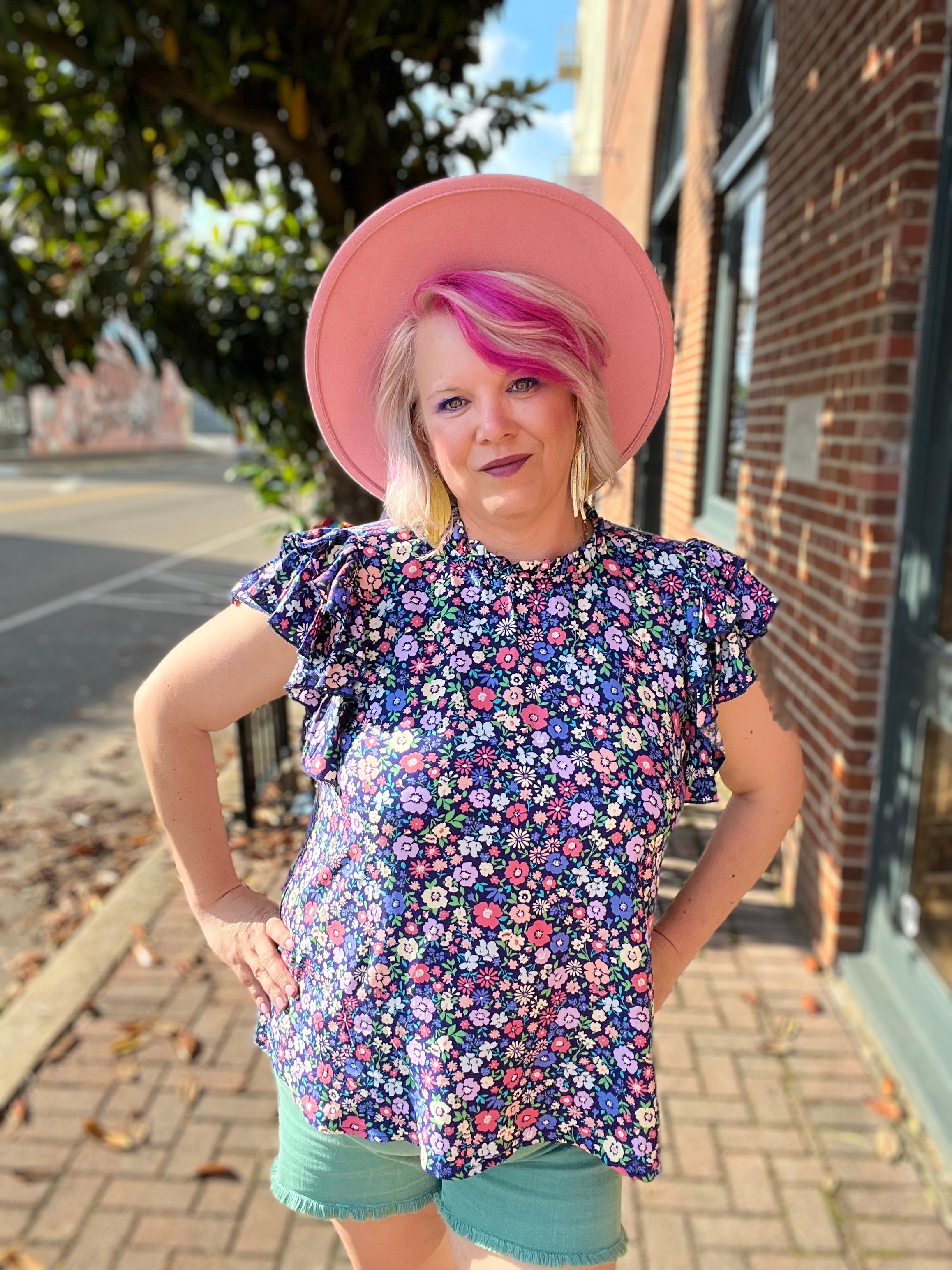 Haptics Navy Floral Mock Neck Flutter Sleeve Top Final Sale