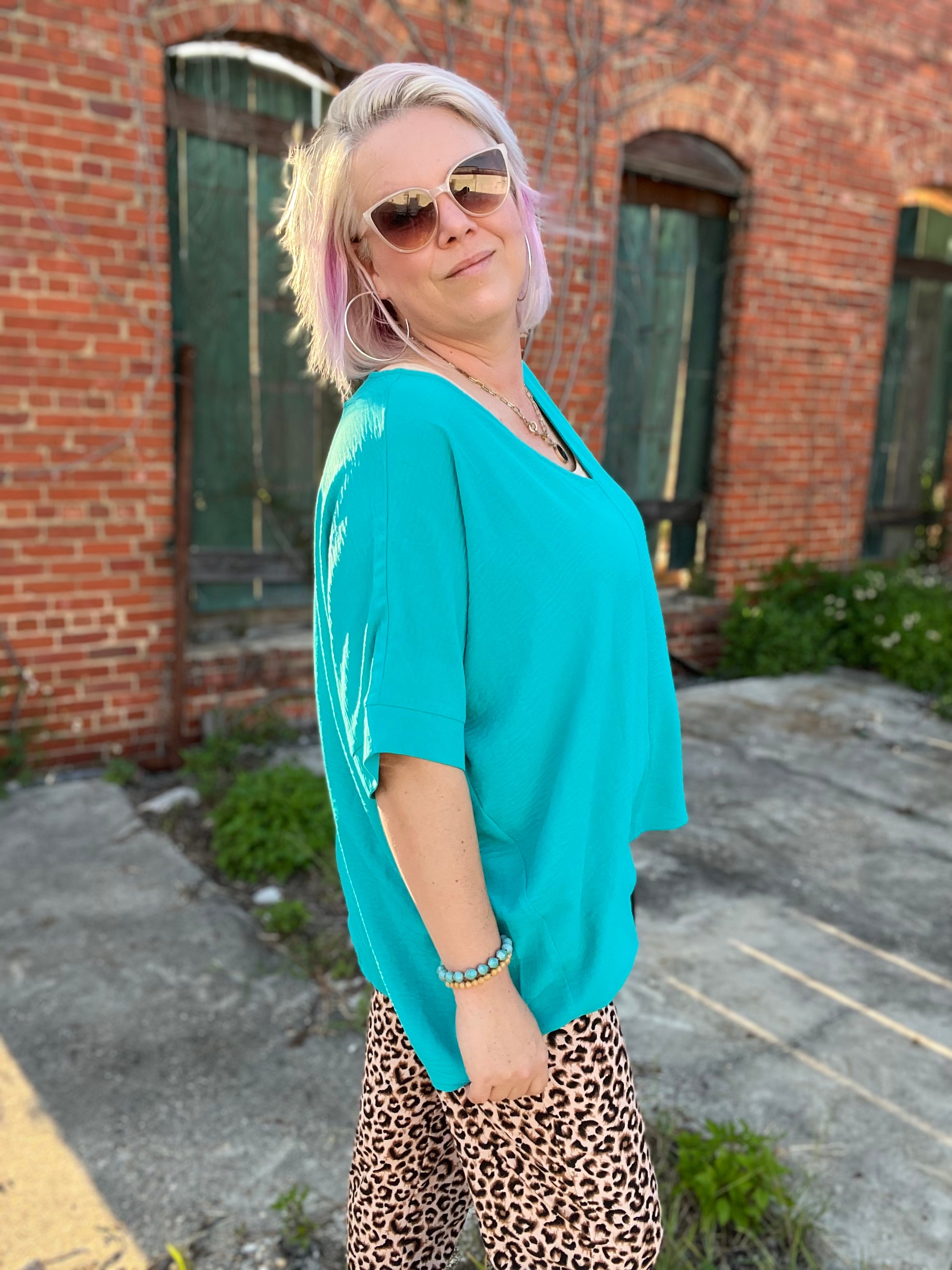 Zenana Light Teal Woven V Neck Dolman Short Sleeve Airflow Top