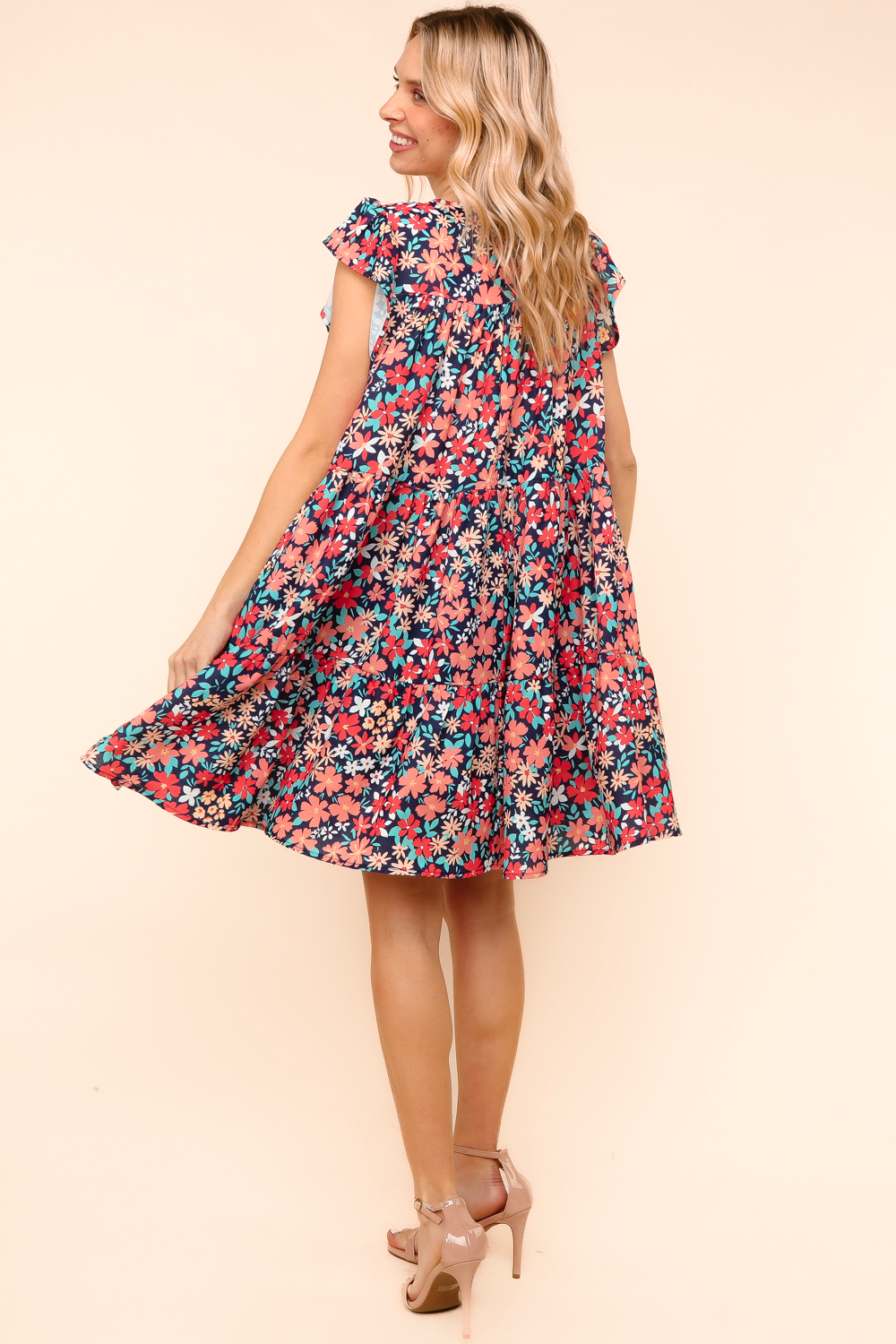 Petal to the Metal Flutter Sleeve Dress in Navy/Coral Womens