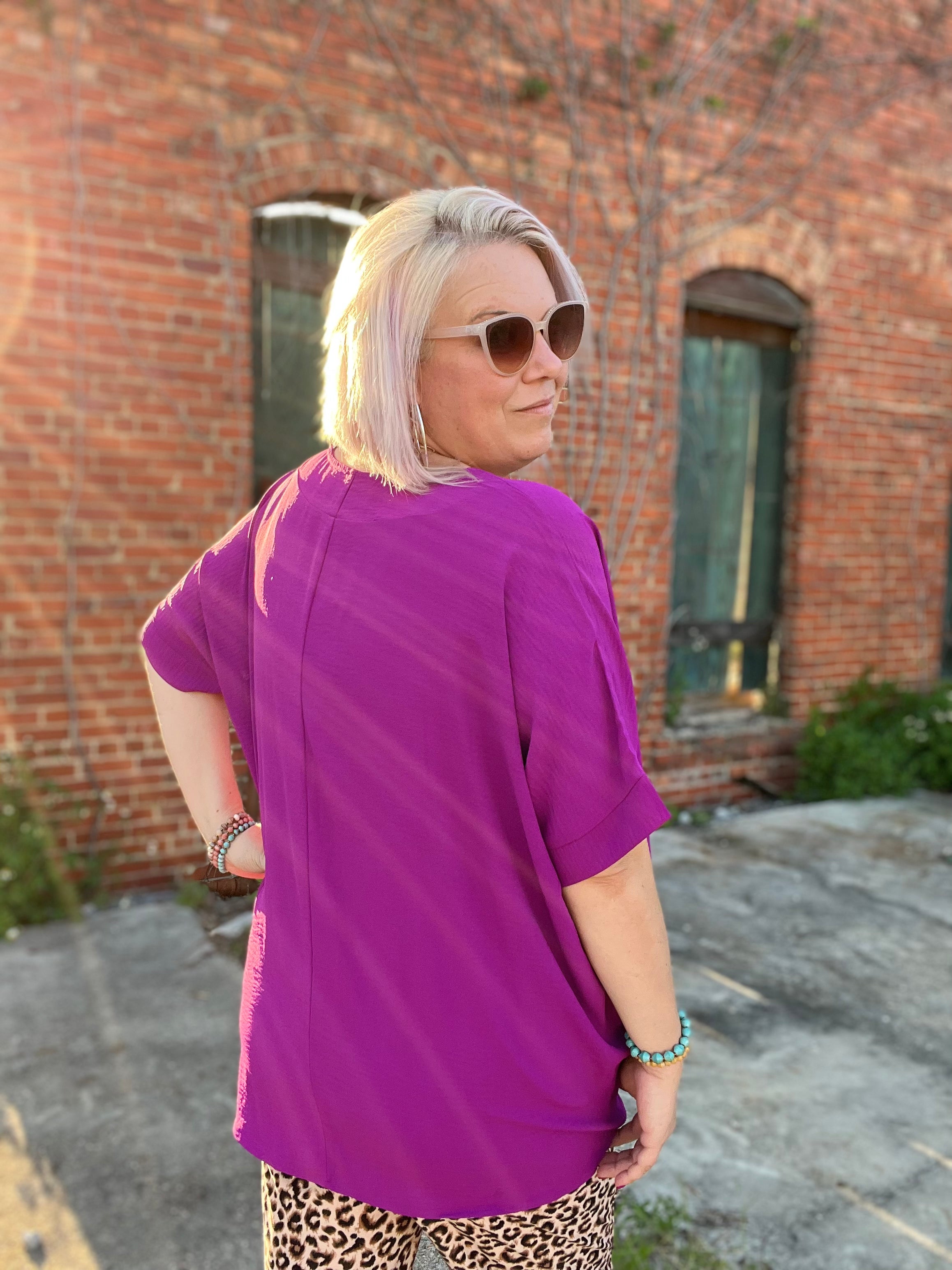Zenana Plum Woven V Neck Dolman Short Sleeve Airflow Top Shirts & Tops