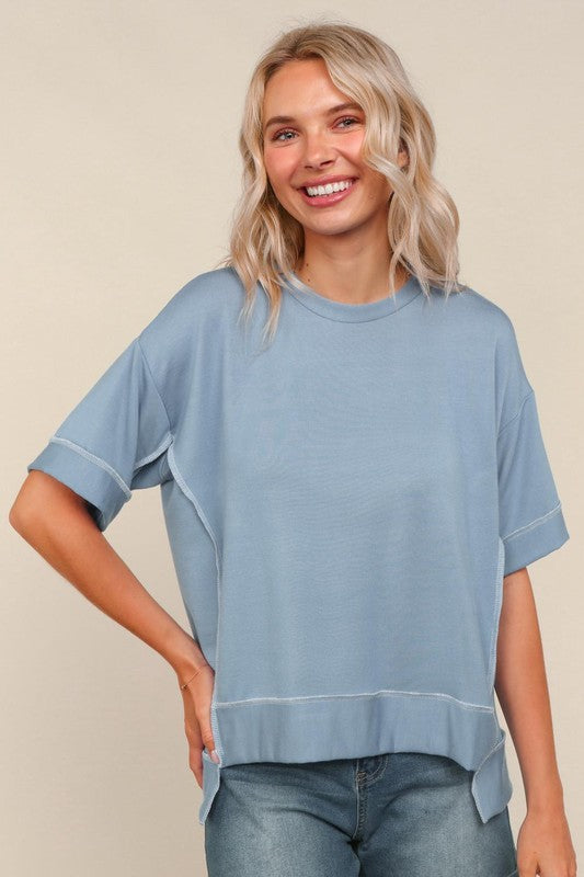 Haptics Oversized Hi-Lo French Terry Outseam Pullover in Denim Blue