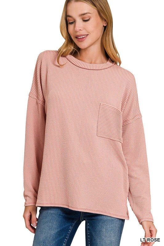 Zenana Ruby Long Sleeve Drop Shoulder Rib Top