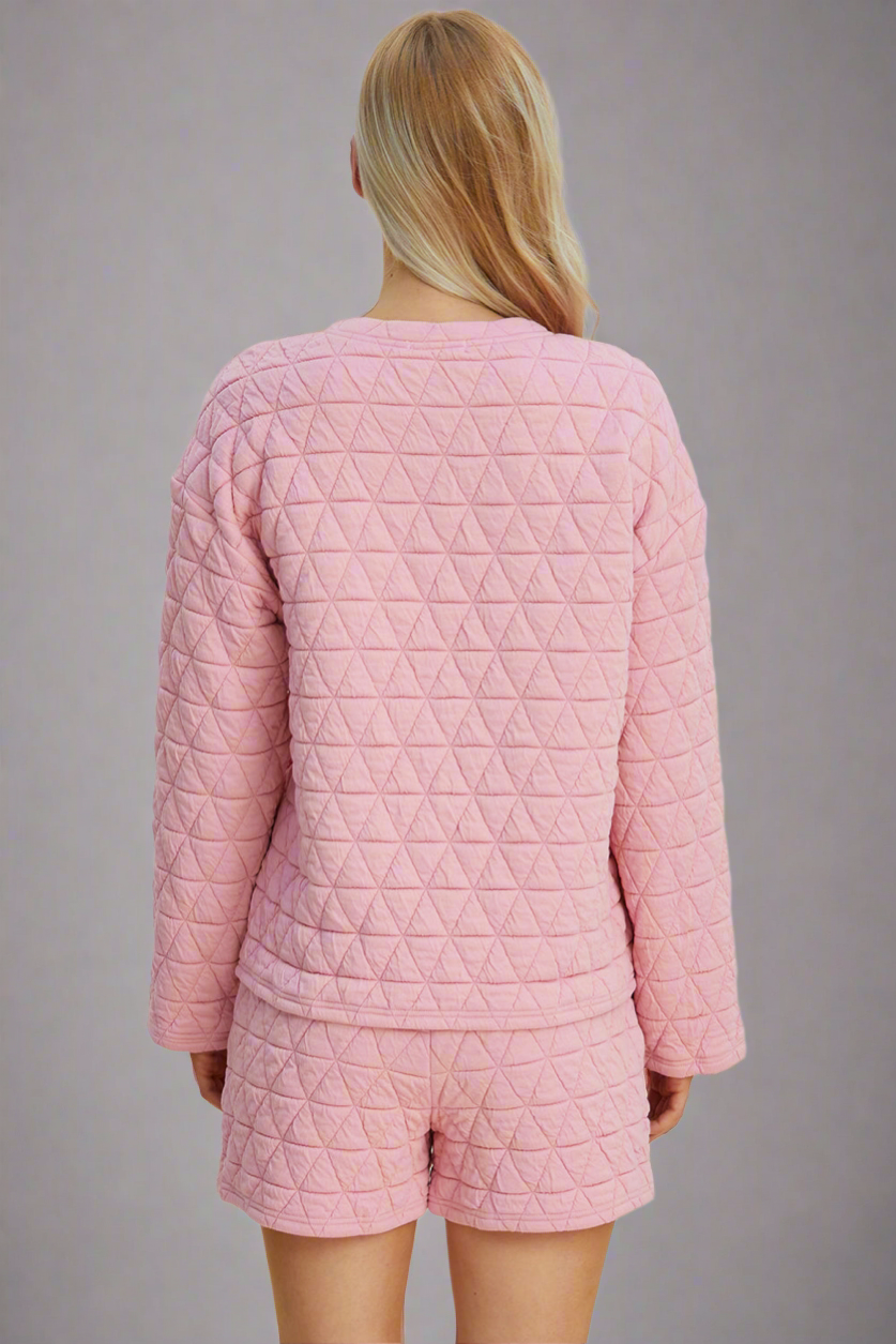 Double Take 3 Colors Quilted Textured Round Neck Long Sleeve Top and Shorts Set Loungewear