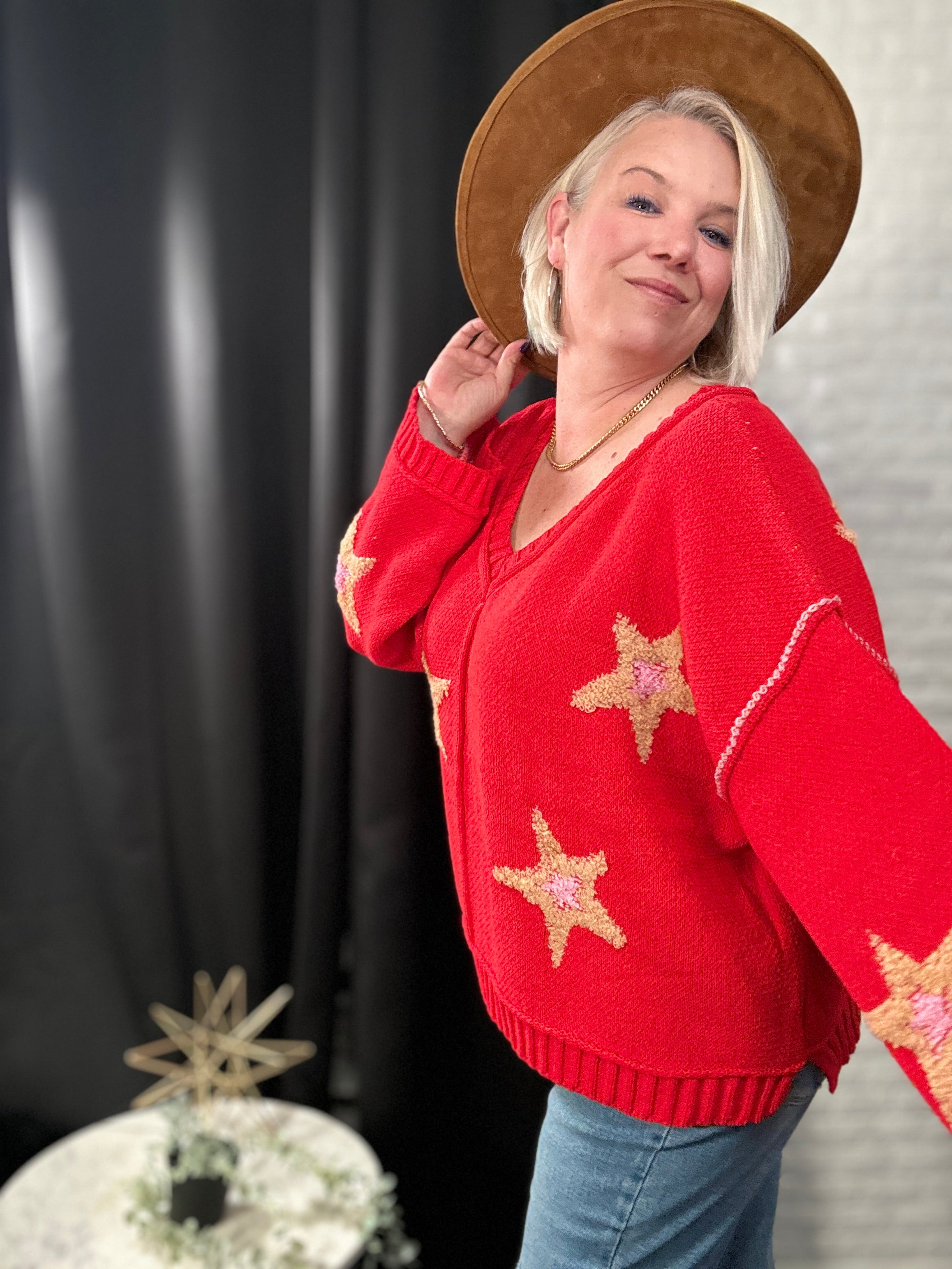 POL Apple Red Long Sleeve Star Patch Sweater Shirts & Tops