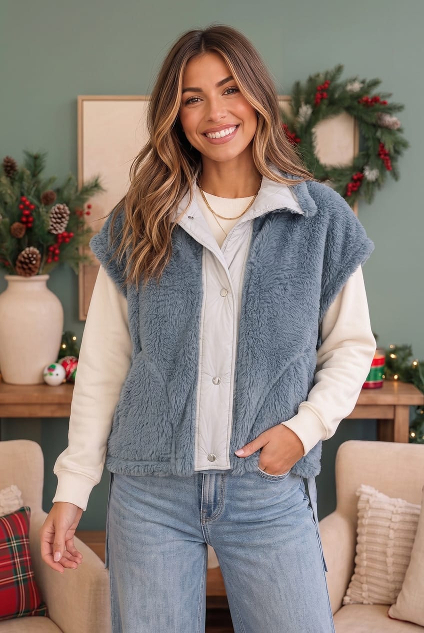 Haptics Snuggle Season Sherpa Vest in Slate