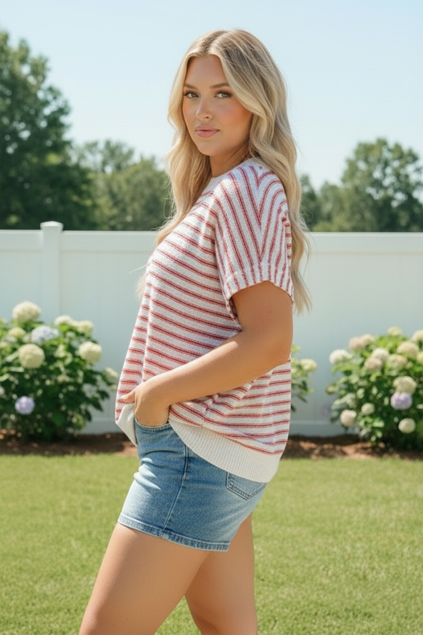Haptics Breezy Stripe Knit Top in Ivory and Red