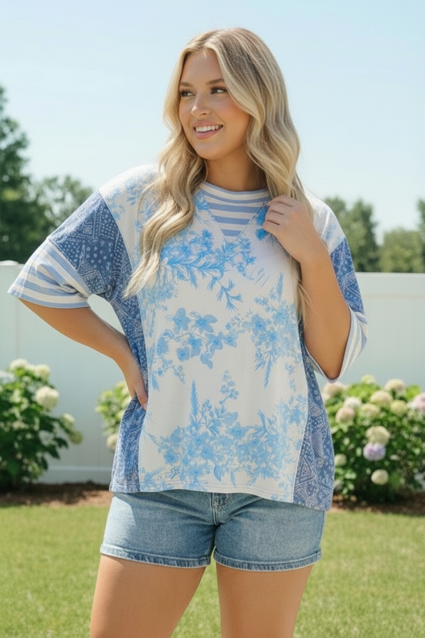 Haptics Blue Toile Mixed Print Oversized Tee
