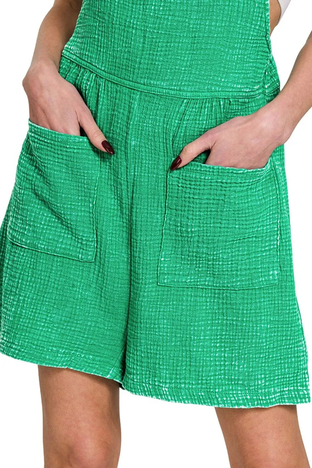 Zenana Kelly Green Woven Double Gauze Acid Washed Romper