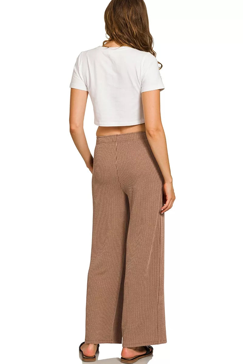 Zenana Brown Raised Rib Short Sleeve Tee & Pants Set