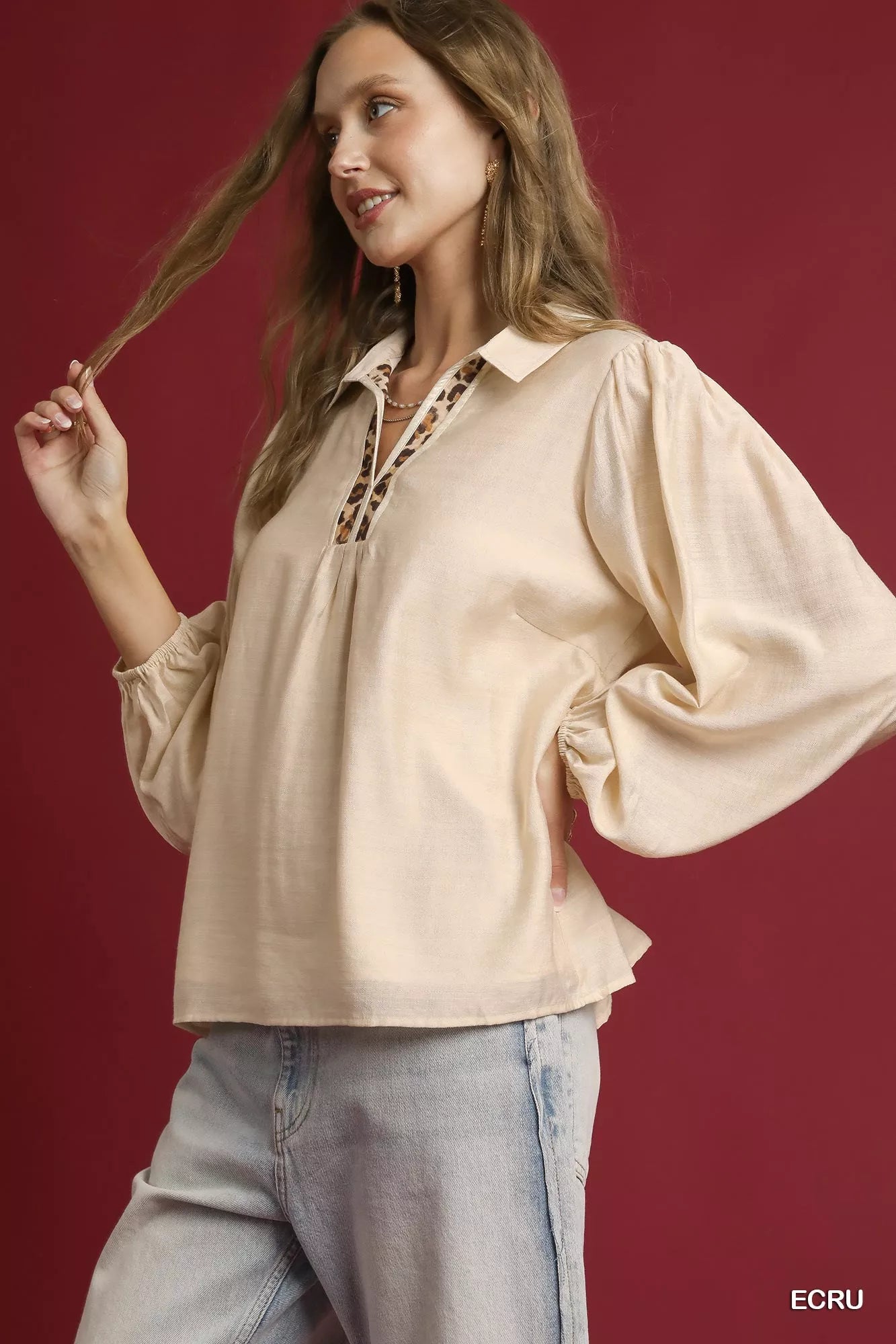 Umgee Ecru Long Sleeve Blouse with Leopard Print Trim