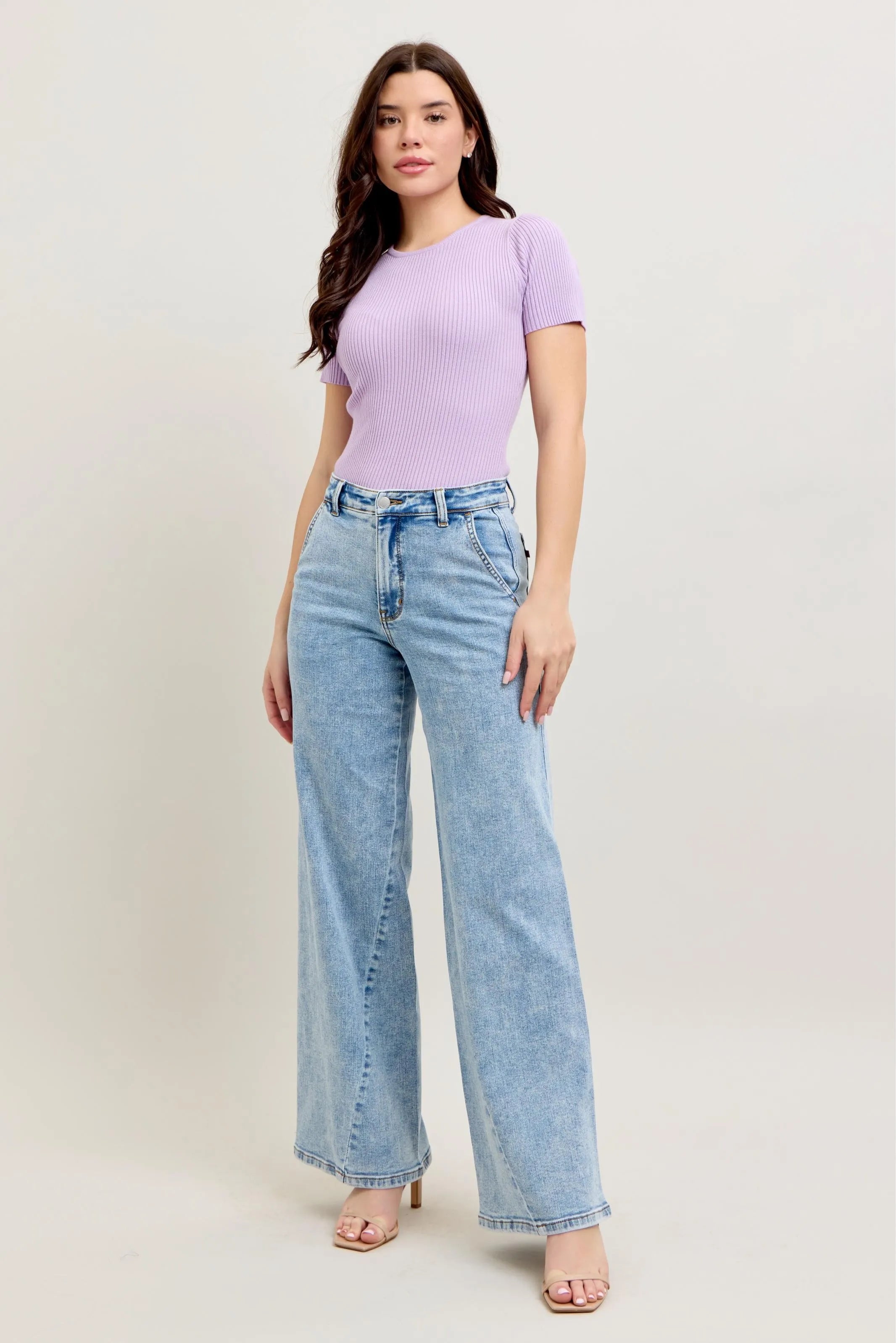Judy Blue Light Washed High Waist Wide Leg Jeans with Skewed Inseam