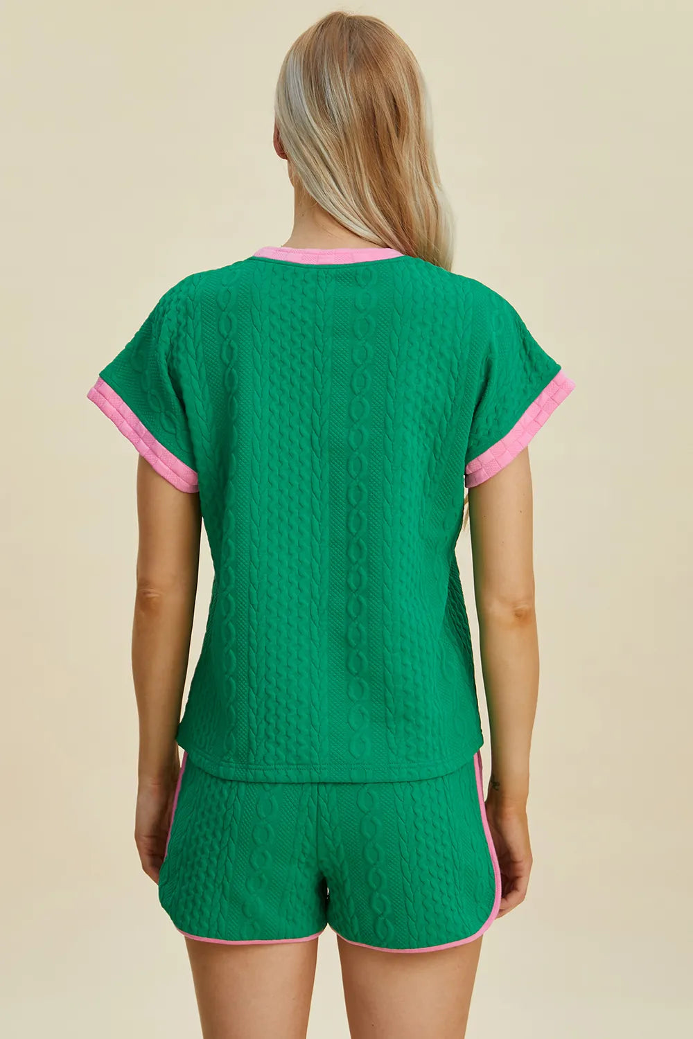 Double Take Pink Geometric Textured Contrast T-Shirt and Shorts Set