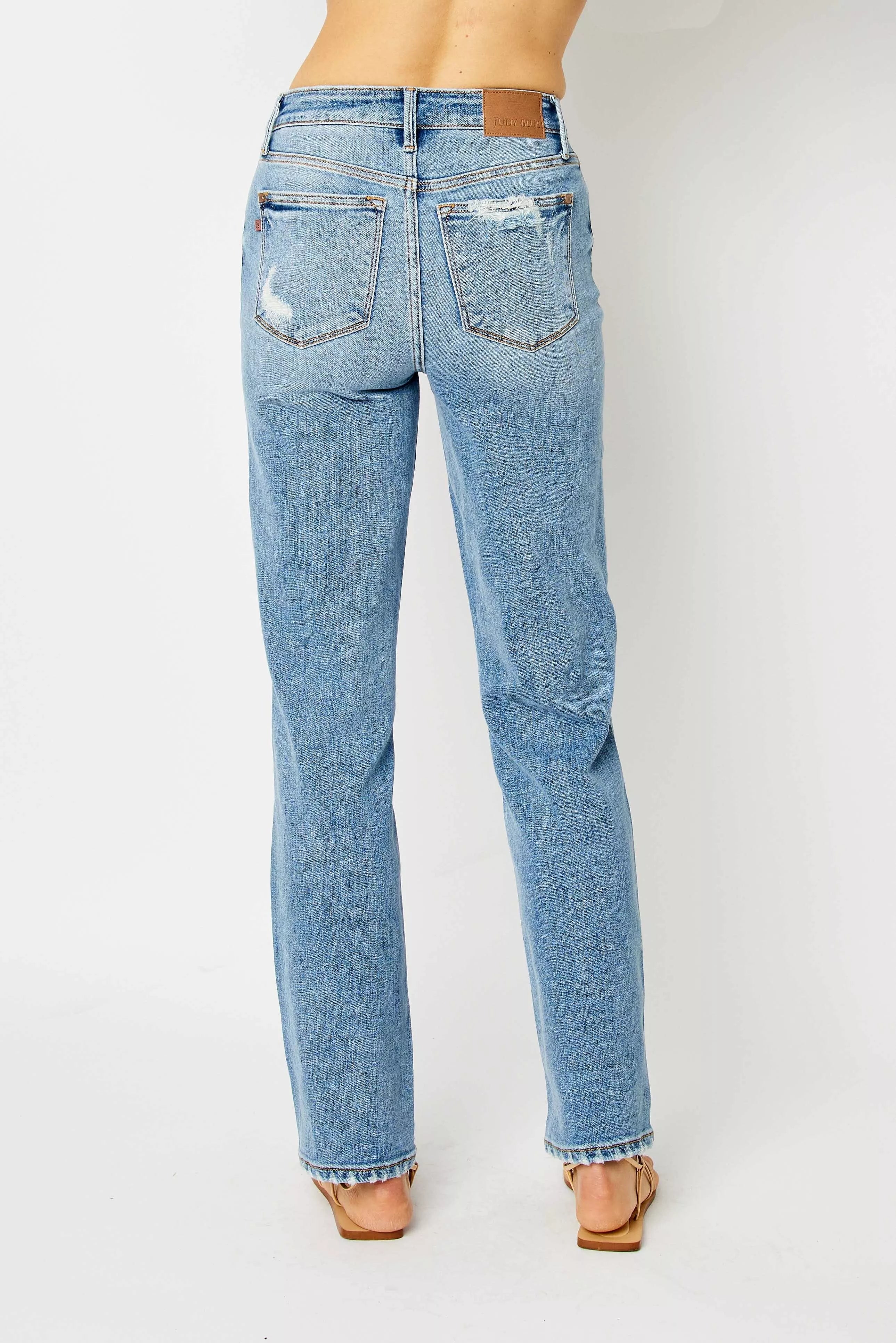 Judy Blue Medium Washed High Waist Straight Jeans with Heavy Destroy Hem