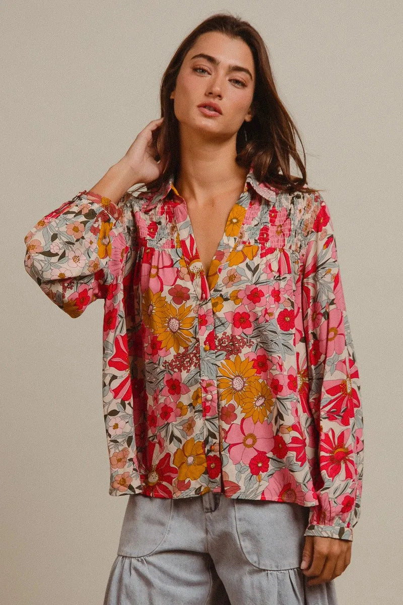 BiBi Woven Floral Printed Long Sleeve Blouse