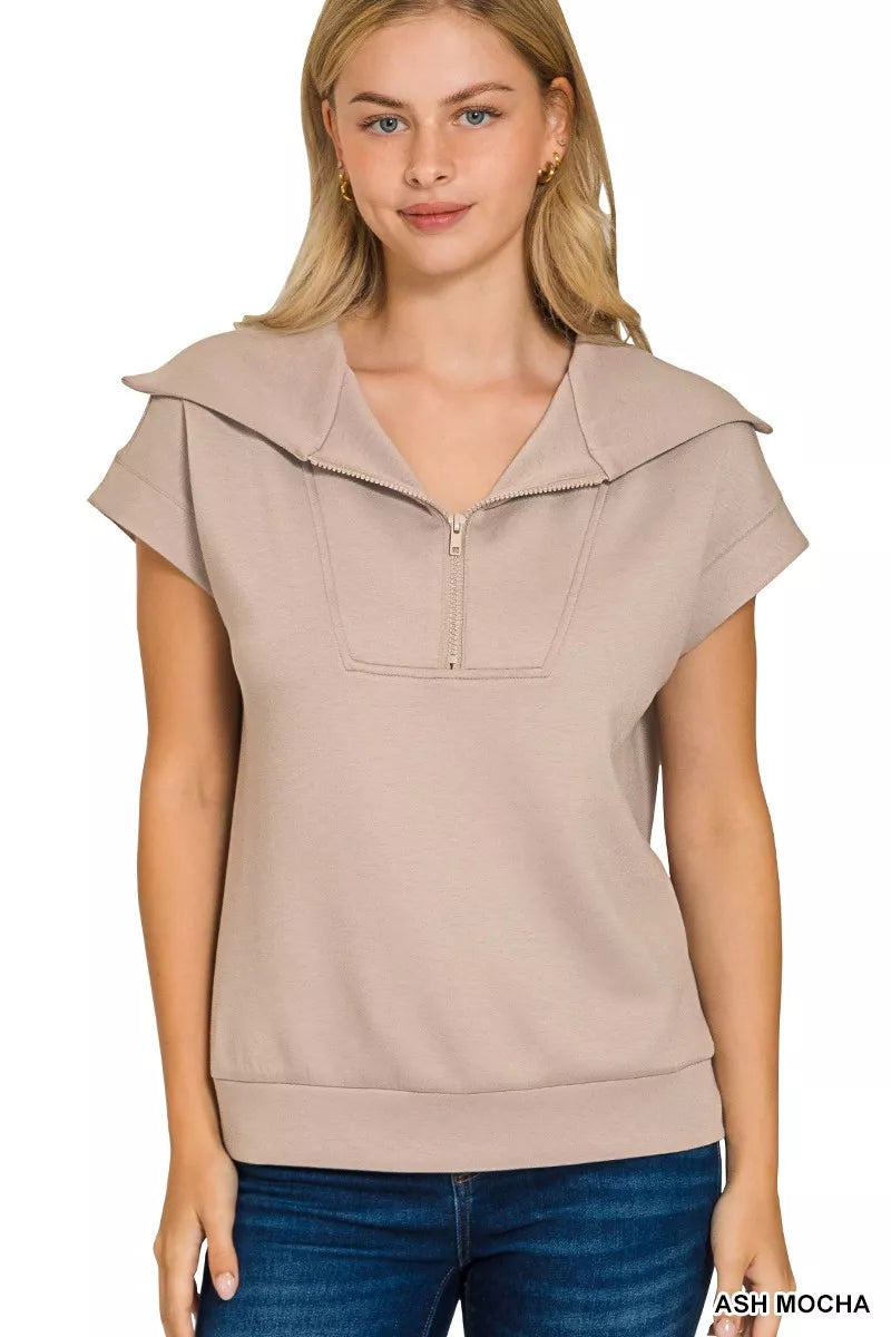 Zenana Ash Mocha Scuba Half Zip Top