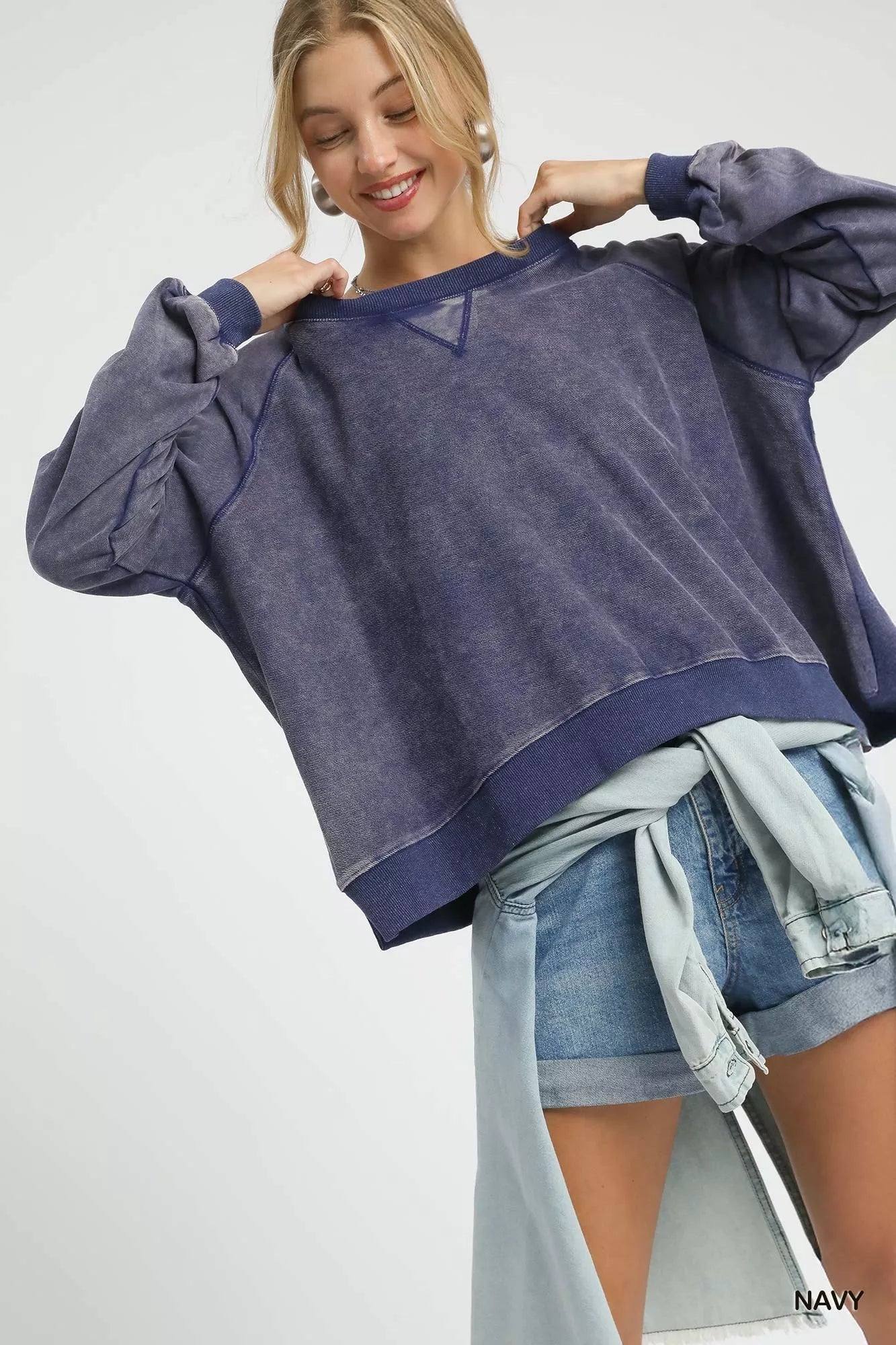 Umgee Navy Mineral Wash French Terry Sweatshirt