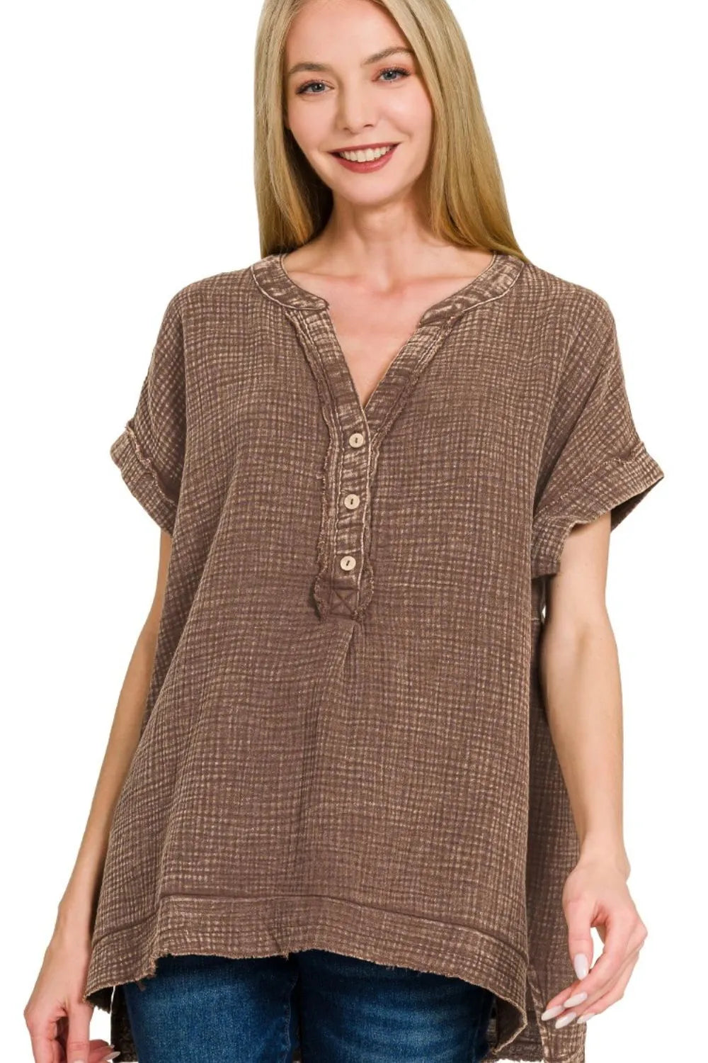 Zenana Brown Washed Double Gauze 3/4 Button Henley Neck Shirt