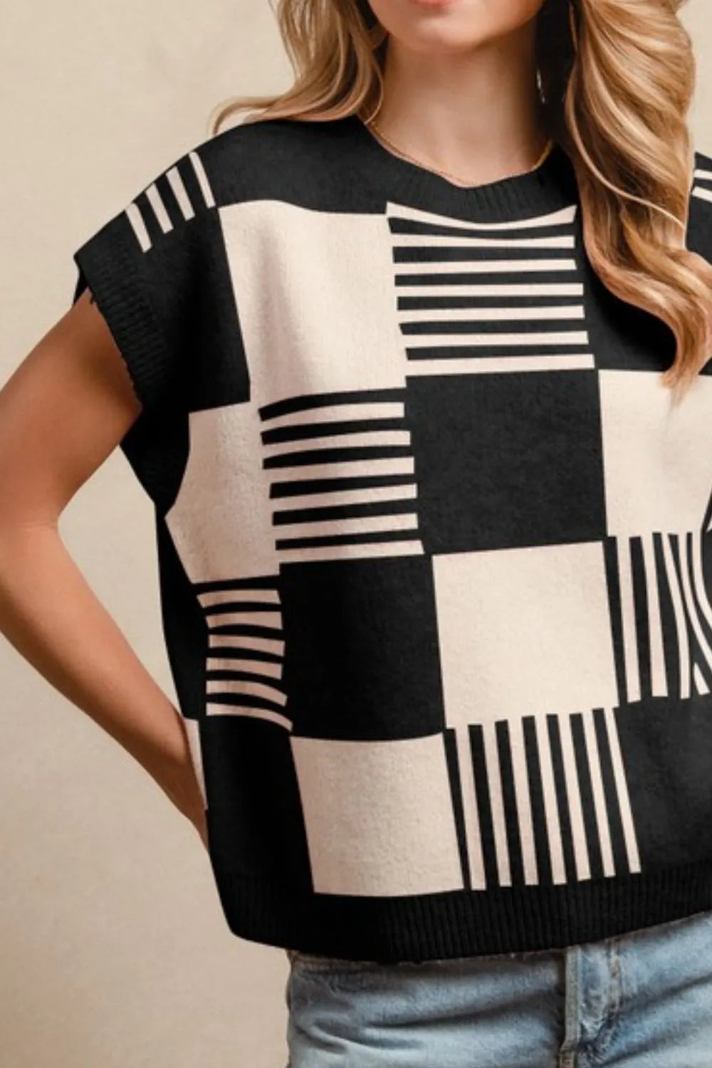 BiBi Black & Ivory Checker With Stripes Pattern Sleeveless Sweater