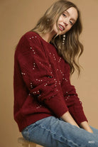 Umgee Red Pearl-Embellished Long Sleeve Sweater