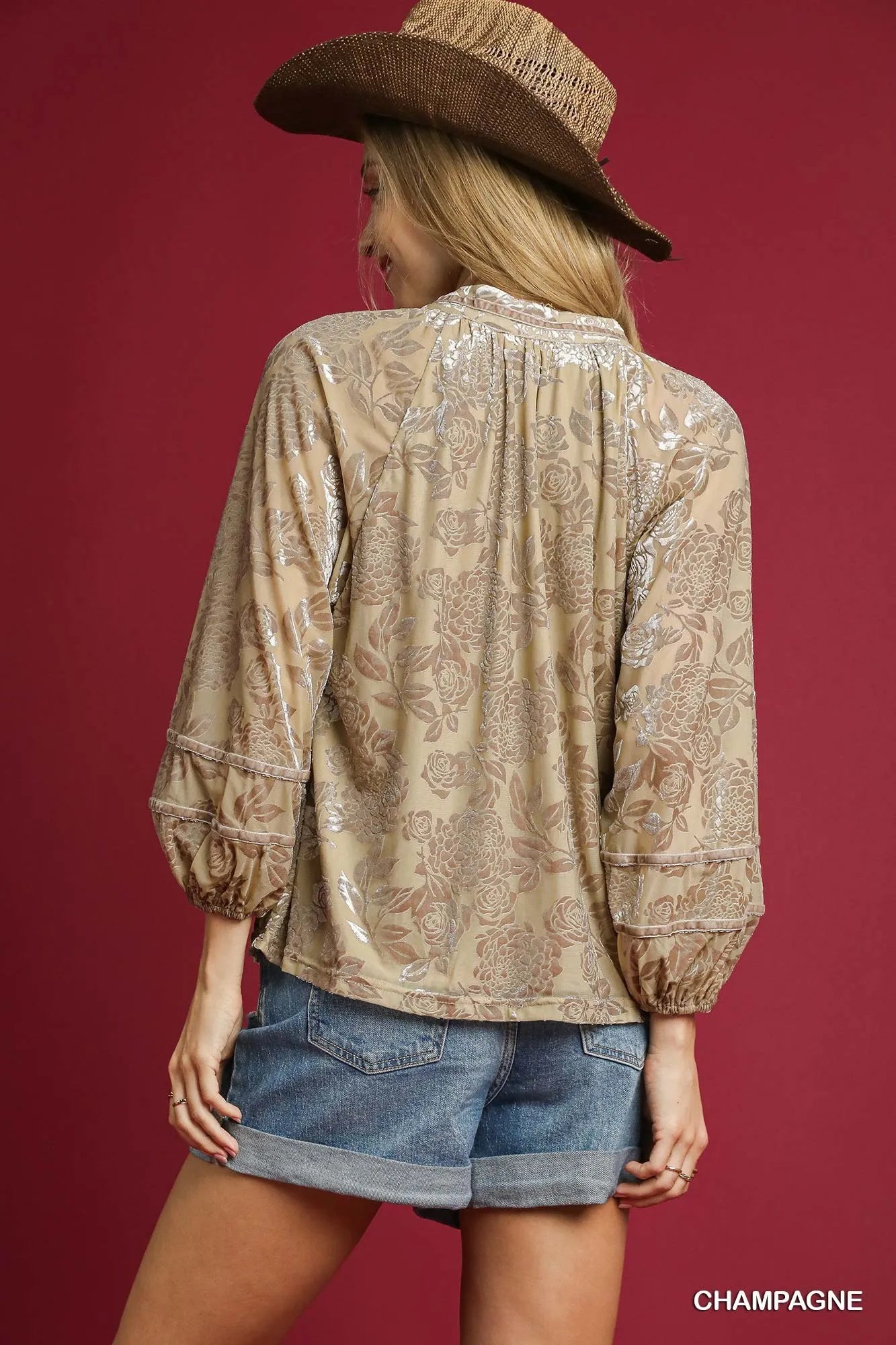 Umgee Champagne Floral Velvet Burnout Blouse with Balloon Sleeves