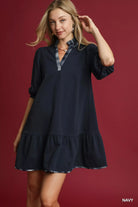 Umgee Navy French Terry Ruffle Hem Dress with Plaid Trim Navy