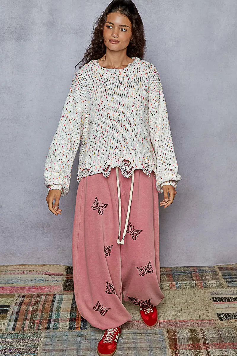 POL White Pink Round Neck Fringed Hem Sweater