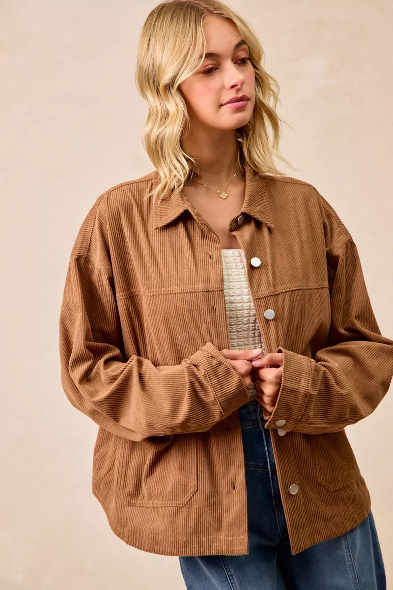 BiBi Camel Corduroy Relaxed Fit Shacket with Back Pleat