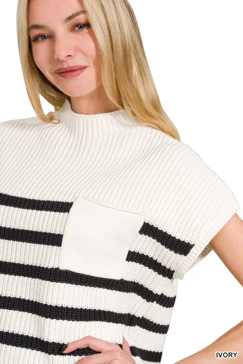 Zenana Ivory & Black Short Sleeve Stripe Sweater