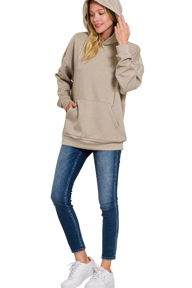 Zenana Ash Mocha Oversized Scuba Hoodie with Kangaroo Pocket