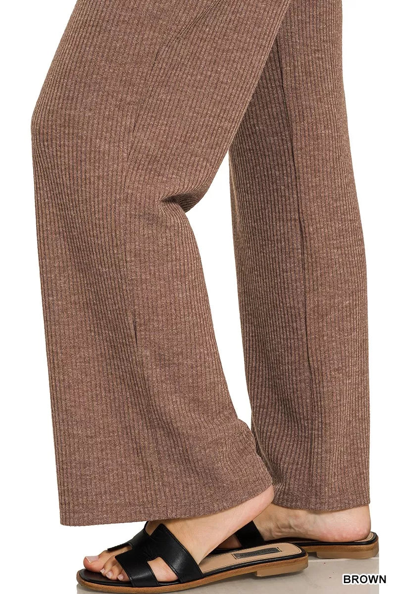 Zenana Brown Ribbed Drawstring Lounge Pants