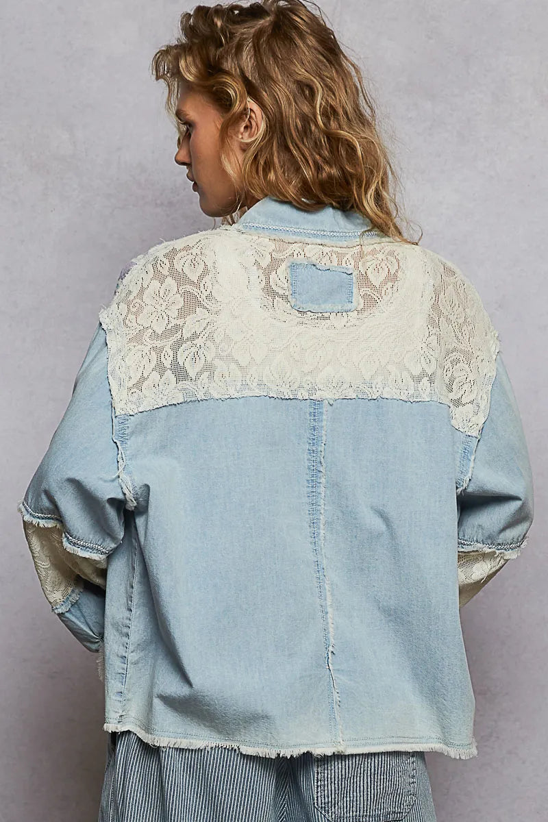 POL Printed Woven Mix Raw Hem Jacket with Lace Detail
