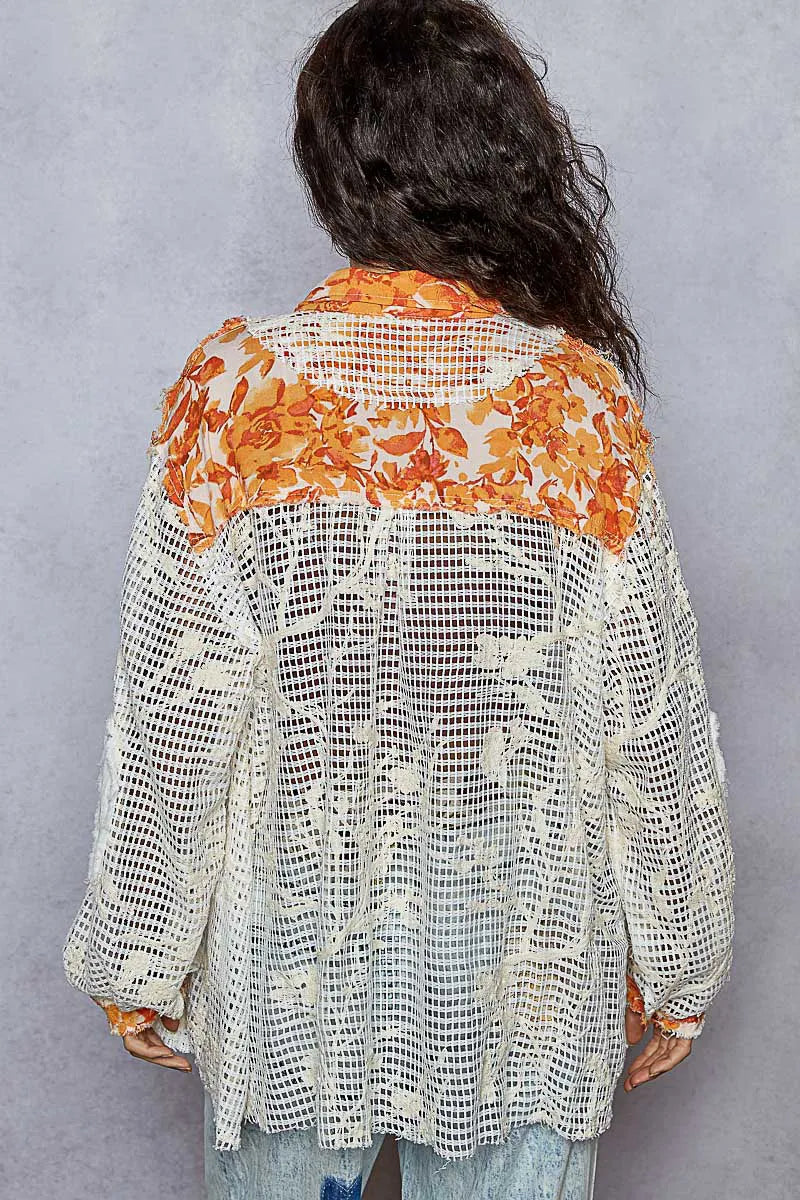 POL Balloon Sleeve Floral Print Crochet Lace Button Up Shirt