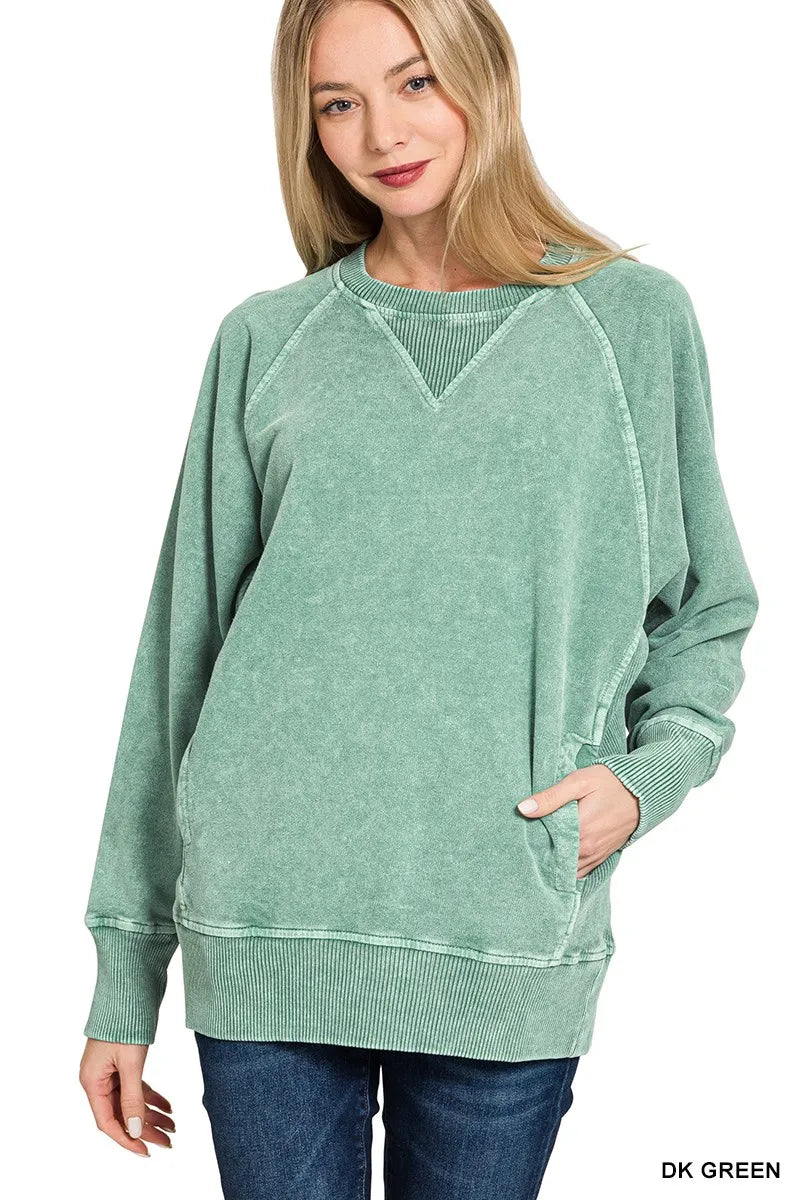 Zenana Dark Green Halo Snow Washed French Terry Round Neck Sweatshirt