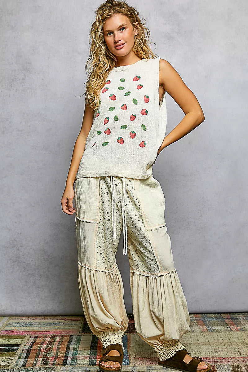 POL Natural Strawberry Pattern Round Neck Sleeveless Sweater Top