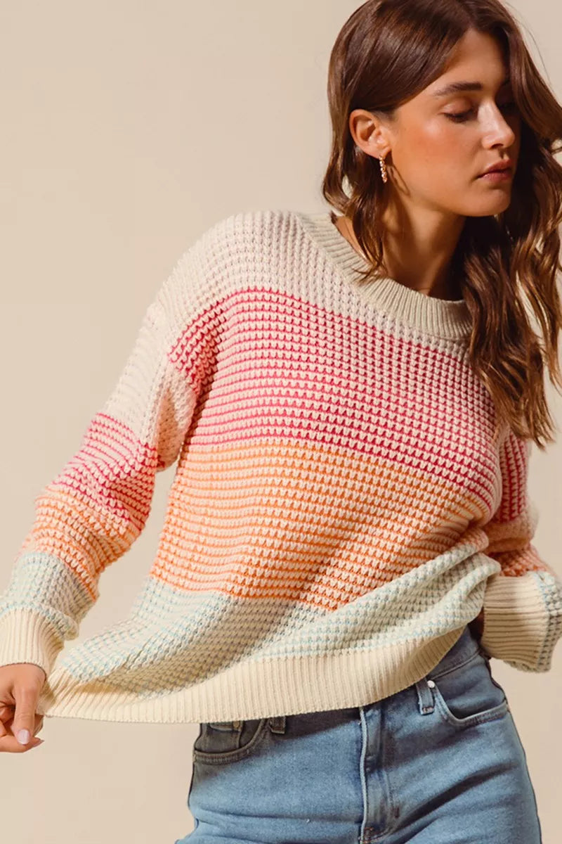 SO ME Oatmeal Combo Multi Color Block Long Sleeve Sweater