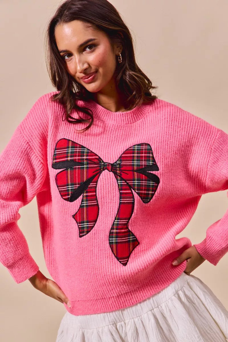 SO ME Pink Checker Plaid Ribbon Christmas Holiday Sweater