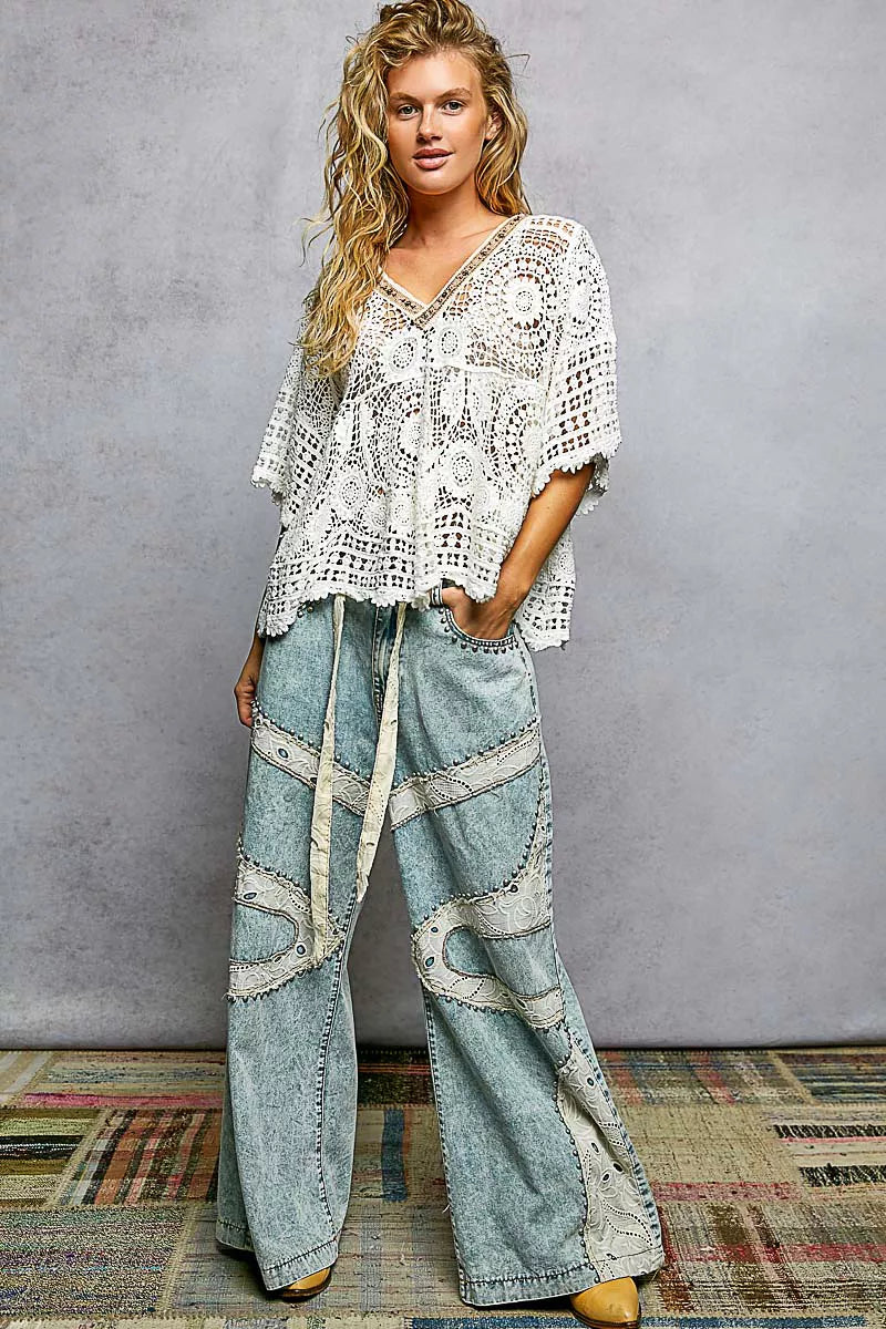 POL V-Neck Crochet Top with Scalloped Hem