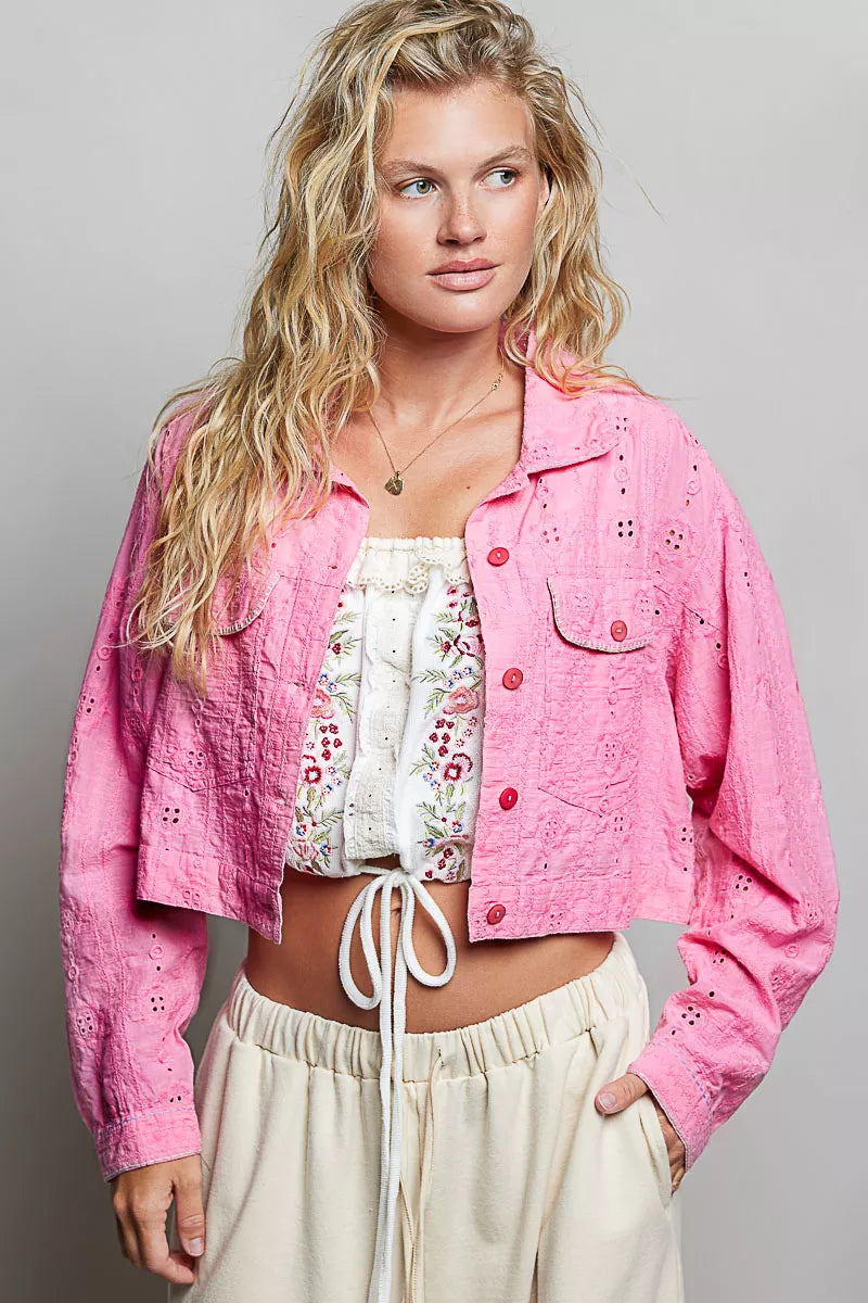 POL Eyelet Textured Cotton Cropped Button-Front Jacket CANDY PINK
