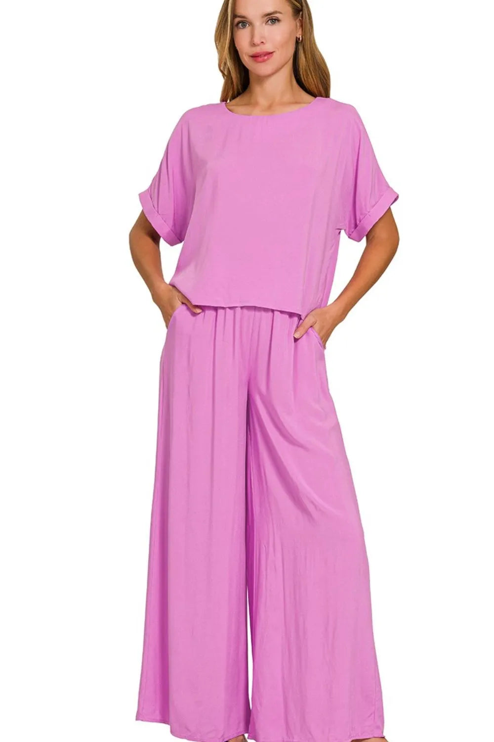 Zenana Bright Mauve Round Neck T-Shirt and Wide Leg Pants Set BRIGHT MAUVE