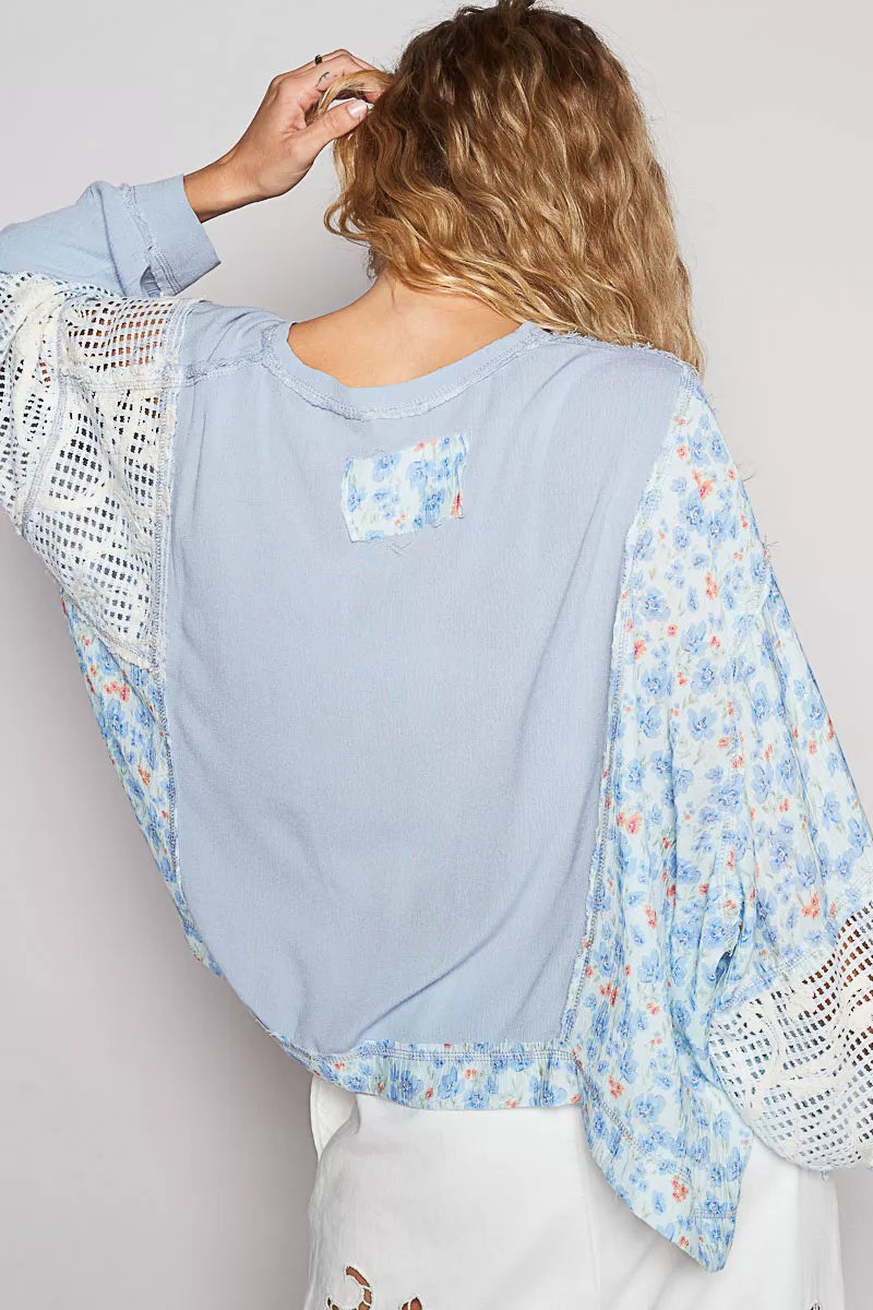 POL Sky Blue Round Neck Cropped Gauze Floral Pattern Top with Overlock Stitch Detail