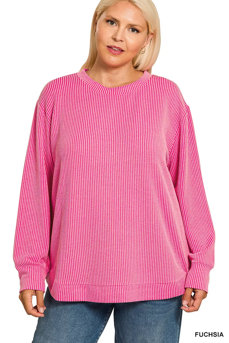 Zenana Fuchsia Raised Rib Round Neck Long Sleeve Top