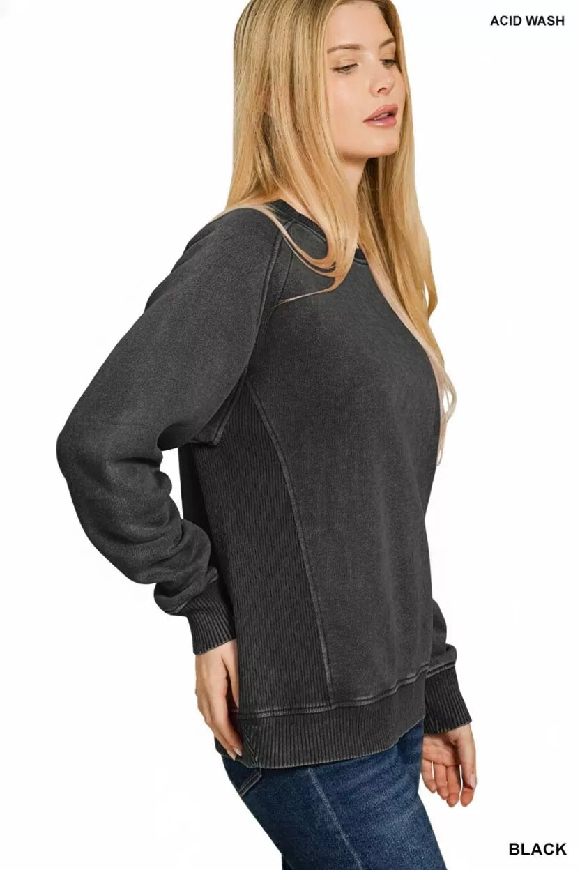 Zenana Black Acid Washed Fleece Sweatshirt with Side Rib