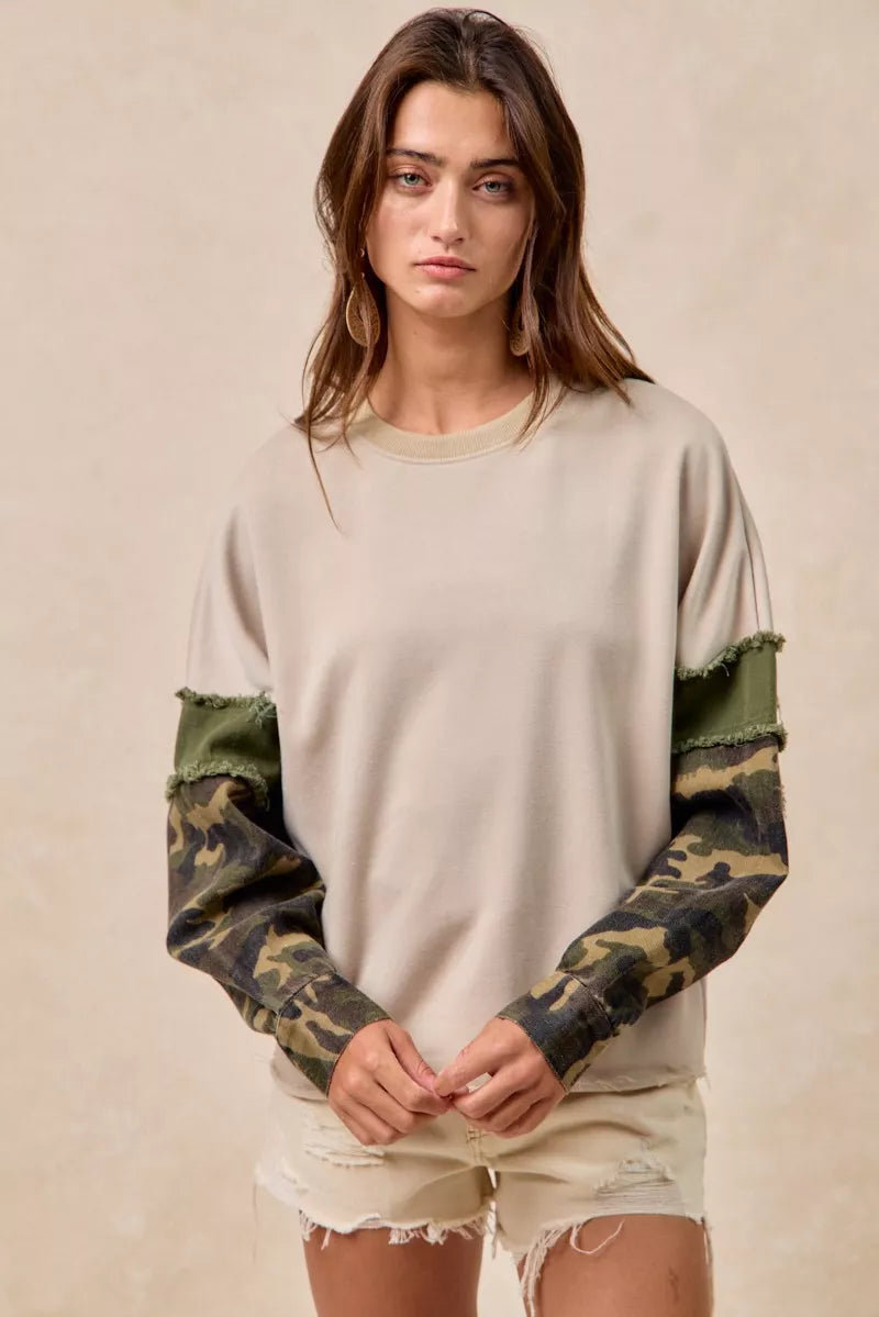 BiBi Taupe & Olive Camo Sleeve French Terry Top with Frayed Edge