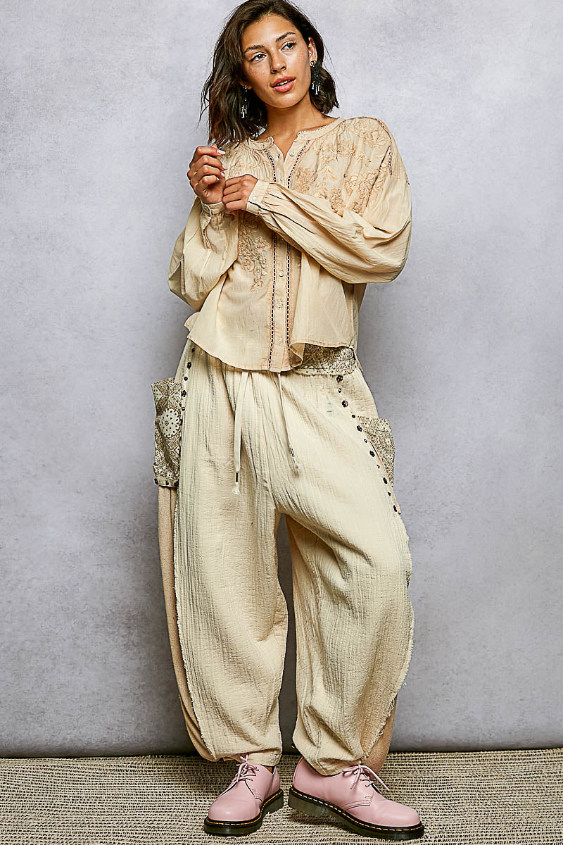 POL Almond Embroidery Button Down Long Sleeve Bohemian Washed Shirt