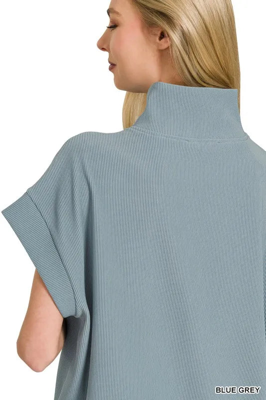 Zenana Blue Grey Ribbed High Neck Half Zip Top