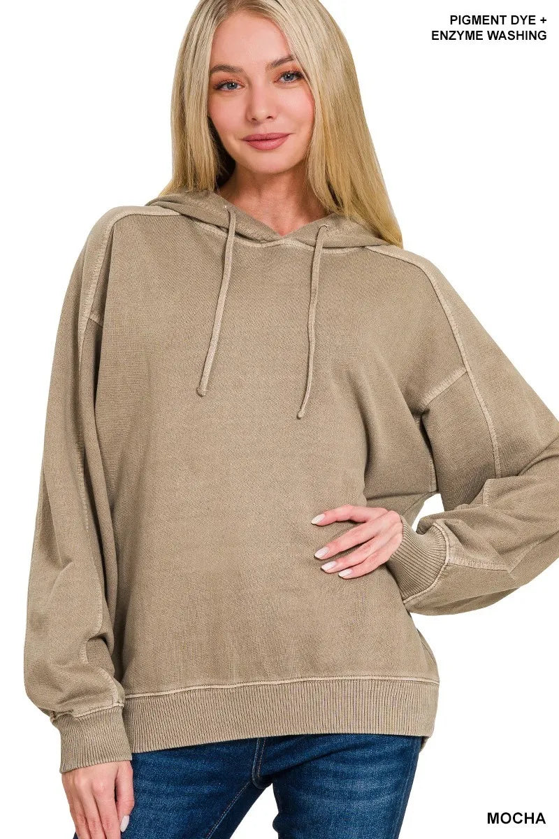 Zenana Mocha French Terry Pigment Dye & Enzyme Washed Hoodie