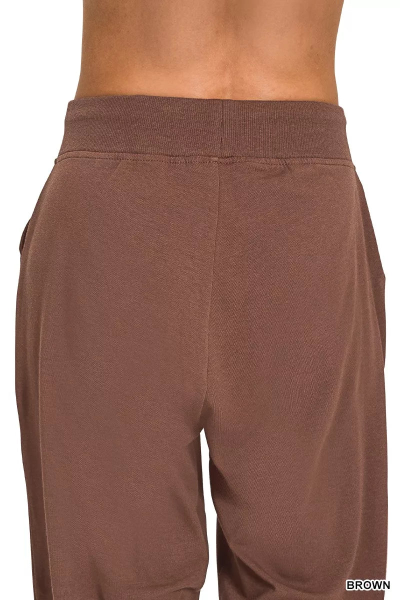 Zenana Brown Drawstring Cotton Joggers with Pockets